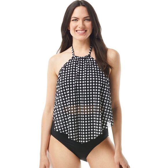 COCO REEF Riviera Dot Aura Mesh Ruffle Crop Tankini Swimsuit Bikini Black 34DD - Picture 3 of 15